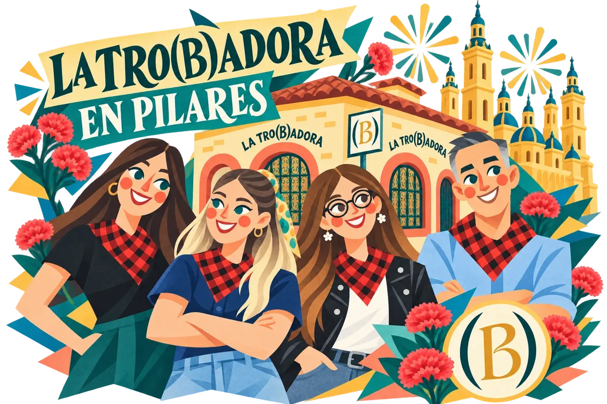 El equipo de La Tro(B)adora en Pilares, con claveles, su casita y la basílica del Pilar
